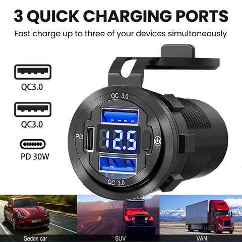 Beefy 12V USB Car Socket With 3 Ports Waterproof Round Aluminum Lighter Outlet showing USB C PD and 2 USB QC3 Ports