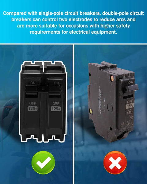 Rock Solid Double Pole 125 Amp Circuit Breaker Designed For Heavy Duty Residential Commercial And Industrial Electrical Panels With Battle Tested Overload Shielding And Quick Short Circuit Cutoff To Keep Your Rig Locked Down Safely On Demand, comparison image showing 125A double pole circuit breaker and single pole.
