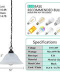 Plug In Pendant Light With Alabaster Glass Shade In Black Dimmable Swag Lamp With Long 16.4 Ft Cord And 14.7 Ft Chain specifications