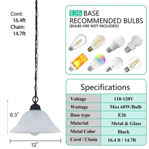 Plug In Pendant Light With Alabaster Glass Shade In Black Dimmable Swag Lamp With Long 16.4 Ft Cord And 14.7 Ft Chain specifications