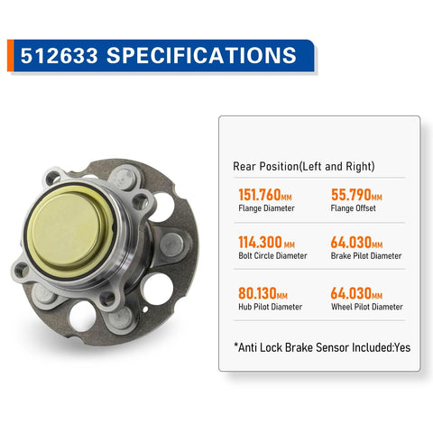 Wheel Hub and Bearing Assembly for Honda CR V 2017 2022 Rear Left and Right Replacement specifications with measurements