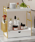 Two Tier Bathroom Counter Organizer With Drawer And Basket For Makeup Skincare Perfume And More on marble countertop