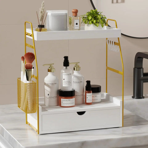 Two Tier Bathroom Counter Organizer With Drawer And Basket For Makeup Skincare Perfume And More on marble countertop