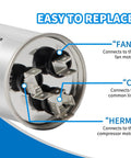 Close-up of CBB65 Dual Run Capacitor 50 Plus 5 UF 370V 440VAC showing Herm, Fan, and C terminals for HVAC replacement.