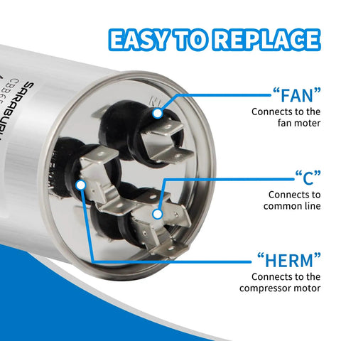 Close-up of CBB65 Dual Run Capacitor 50 Plus 5 UF 370V 440VAC showing Herm, Fan, and C terminals for HVAC replacement.