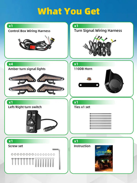 Components of Road Ready UTV Turn Signal Kit with White DRL and Red Running Light, 4 In 1 Rocker Switch, Prewired Plug and Play, 110dB Horn