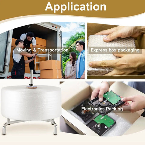Rock Solid Heavy Duty Bubble Wrap Roll Dispenser With No Hassle Setup And Pro Level Packing Station Stand For Bulk Moving Shipping Supplies showcased in moving and packaging applications.