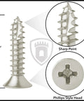 Top Shelf Tough As Nails Door Hinge Screws Satin Nickel Finish 1 inch screw with sharp point and Phillips head for secure fastening.