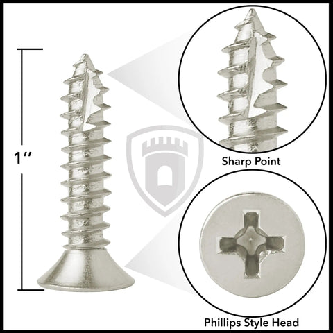 Top Shelf Tough As Nails Door Hinge Screws Satin Nickel Finish 1 inch screw with sharp point and Phillips head for secure fastening.