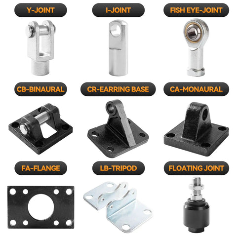 Various industrial joints including LB-40 cylinder mounting tripod for SC-40 cylinders arranged on a white background.