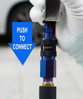 Close-up of aluminum quick connect coupler, part of Straight Shooter Hybrid Air Compressor Hose 3/8 Inch By 3 Feet Lays Flat Kink Free Rubber Pvc Build.