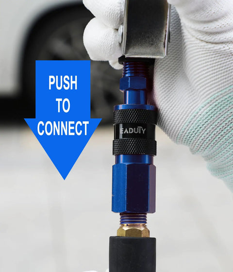 Close-up of aluminum quick connect coupler, part of Straight Shooter Hybrid Air Compressor Hose 3/8 Inch By 3 Feet Lays Flat Kink Free Rubber Pvc Build.
