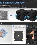 Step-by-step installation guide for 52 Pack Pyramid Acoustic Foam Panels 12X12X2 Inch, featuring cleaning and mounting tips.
