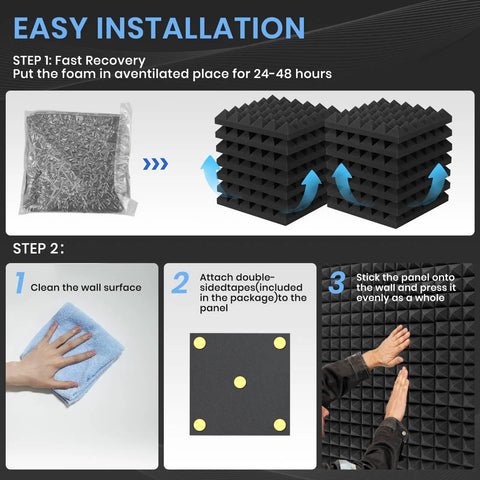 Step-by-step installation guide for 52 Pack Pyramid Acoustic Foam Panels 12X12X2 Inch, featuring cleaning and mounting tips.