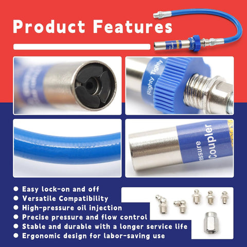 Grease gun fitting set with high-pressure blue hose and lock-on coupler, adapters, Amazon brand