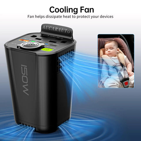 Car Power Inverter Converts DC 12V To 110V AC With Cup Holder Mount showing cooling fan feature for safe device charging.