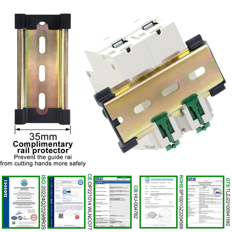 Heavy Duty Solar Disconnect Switch Rated For 125 Amps And 1000V DC showing the DIN rail protector and certifications for safe installation.