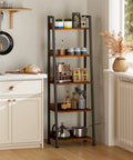 5 Tier Ladder Shelf With Removable Fabric Drawer, Rustic Wood And Metal Bookcase Organizer in kitchen setting