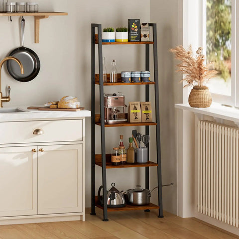 5 Tier Ladder Shelf With Removable Fabric Drawer, Rustic Wood And Metal Bookcase Organizer in kitchen setting