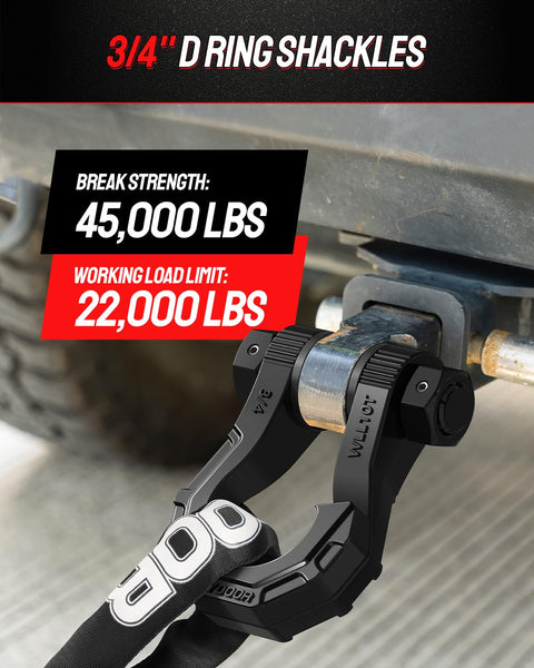 Beefy Heavy Duty D Ring Shackles Two Pack With Seven Eighths Inch Pin Forty Five Thousand Pound Break Strength attached to vehicle
