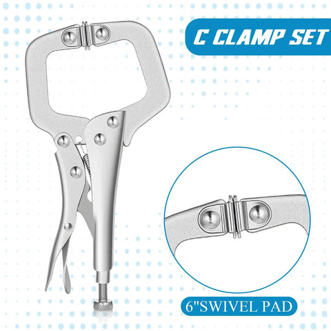 Heavy Duty Locking C Clamp Set Ten Pieces Six Inch Vise Grip Welding Clamps With Swivel Pads and Regular Tips close-up