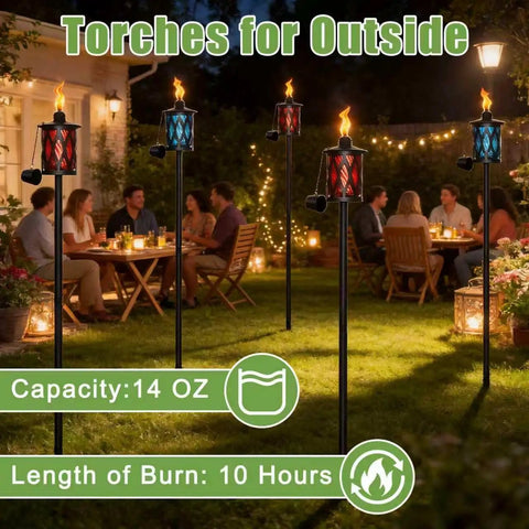 Image of 4 Pack Glass Outdoor Citronella Torches With 14 Oz Fuel, Adjustable 30 To 59 Inch Height, Multi Color Glass Flames On 4 Prong Grounded Stakes, Rust Resistant Metal, 8 To 10 Hour Burn Time, Party Ready For Patio Yard Garden Parties, lit up in a garden at night.