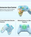 Grab This Limited Edition Starsand Island Collab Wireless Pc Controller Featuring Blazing Fast Three Point Two Five Millisecond Latency Tmr Joysticks For Pro Level Esports Gaming With Cool Light Blue Gradient Shell And Adorable Capybara Artwork showing front, side, and back view with gyro control, 3-level vibration, and 950mAh battery.