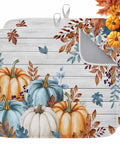 Fall Thanksgiving Dish Drying Mat Set 2 Pack Must Have With Pumpkin And Autumn Leaves Wood Grain Design Absorbent Microfiber Cushioned Surface For Countertop Dishes Drying And Quick Dry Machine Washable 18 By 24 Inches. Two mats with pumpkin and leaf design.