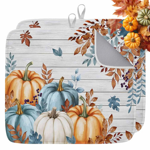 Fall Thanksgiving Dish Drying Mat Set 2 Pack Must Have With Pumpkin And Autumn Leaves Wood Grain Design Absorbent Microfiber Cushioned Surface For Countertop Dishes Drying And Quick Dry Machine Washable 18 By 24 Inches. Two mats with pumpkin and leaf design.