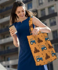 Woman with Blue Farm Tractor Aesthetic Canvas Tote Bag For Women And Girls Reusable Grocery Shopping Shoulder Tote For Work Travel And Books Durable Easy Clean High Density Canvas Carryall Must Have Everyday Tote in city setting