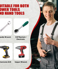 Mechanic with tools suitable for power and hand tools, featuring wrench, ratchet, drill, and impact wrench images on the side.