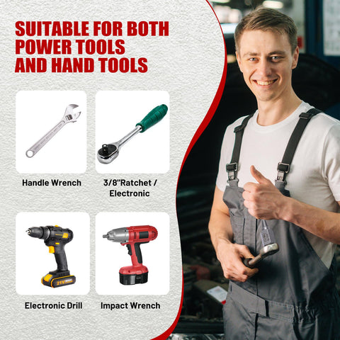 Mechanic with tools suitable for power and hand tools, featuring wrench, ratchet, drill, and impact wrench images on the side.
