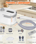 No Fuss Heavy Duty Handheld Steam Cleaner 10 In 1 Slick Multipurpose Steam Weapon For House Floors Windows And Auto Upholstery Scrubbing White with accessories on kitchen counter.