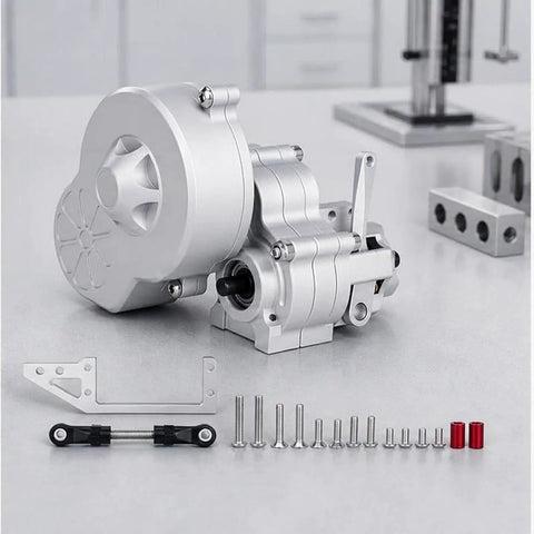 Beefed Up Aluminum Alloy RC Transmission Gearbox For 1-10 Scale Crawler Cars, detailed view with mounting accessories