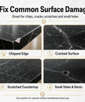 Image showing examples of surface damage that can be fixed with Black Tub And Tile Repair Kit 5.6 Oz Epoxy Putty For Bathtub And Countertop Restoration Color Matched For Porcelain Fiberglass Marble Granite Waterproof DIY Fix Cracks Chips Scratches Like A Pro, including chipped edges, cracked surfaces, scratched countertops, and small holes and dents.
