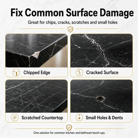 Image showing examples of surface damage that can be fixed with Black Tub And Tile Repair Kit 5.6 Oz Epoxy Putty For Bathtub And Countertop Restoration Color Matched For Porcelain Fiberglass Marble Granite Waterproof DIY Fix Cracks Chips Scratches Like A Pro, including chipped edges, cracked surfaces, scratched countertops, and small holes and dents.