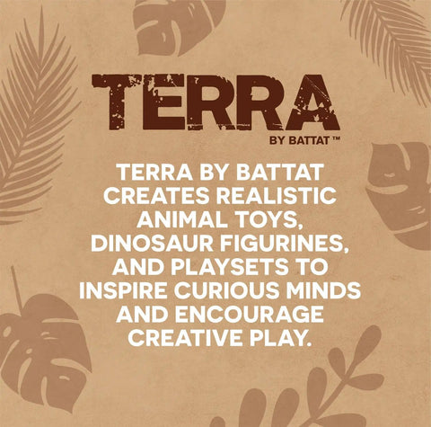 Terra by Battat logo with text about realistic animal toys, dinosaur figurines, and playsets on a beige leaf background.