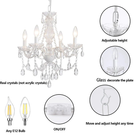 Plug In Crystal Ceramic White Chandelier With Clear Cord And Toggle Switch, Four Light Hanging Pendant Lamp Super Bright For Kitchen Dining Room Foyer Bedroom Instant Glow Up with real crystals and adjustable height.