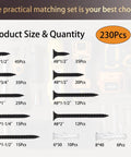 230 Piece Heavy Duty High Hardness Wood Screws Assortment Kit With Size Six And Size Eight Phillips Flat Head For Wood Drywall MDF And Furniture DIY Includes Sixteen Anchors And Nine Lengths From Half Inch To Two Inches Black displayed with quantity information