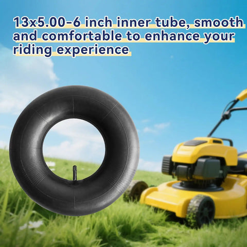Two Pack 13x5.00-6 Inner Tubes With Straight Valve Stem Heavy Duty Replacement Lawn Equipment shown near lawn mower