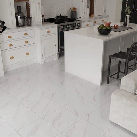Modern kitchen with 12x12 Inch Vinyl Floor Tiles Peel And Stick White Marble Waterproof Self Adhesive Sticker Tiles