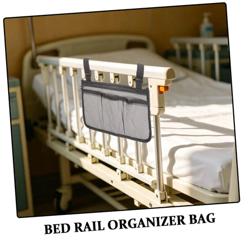 Senior Bedside Rail Organizer With Four Compartments And Cup Holder on hospital bed, Pongee storage bag for bed rails and wheelchairs.