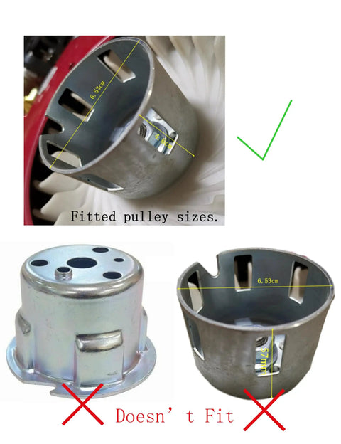 Recoil Pull Start Starter For Generator Replacement Heavy Duty Plug And Play with correct and incorrect pulley sizes comparison