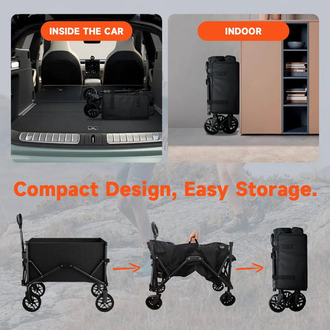 Collapsible Folding Wagon With Dual Cup Holders, Heavy Duty Utility Cart For Camping, Shopping, And Sports shown folded for storage