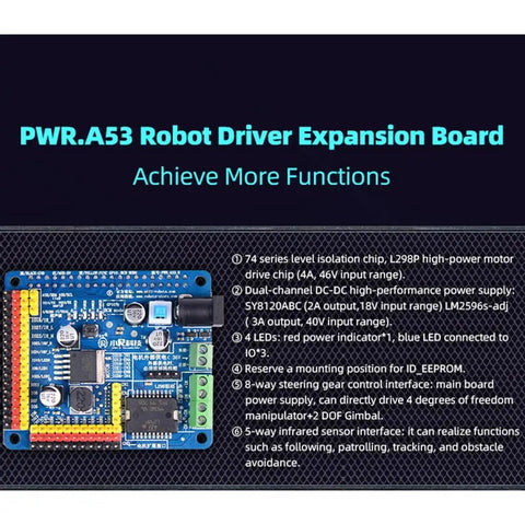 AI Powered RC Robot Car With Deep Learning And Ackermann Steering For Real Time Autonomous Driving Self Driving Platform For STEM Education A Cool Project For Teens And Engineers To Build Learn And Create. PWR.A53 robot driver expansion board, blue PCB module
