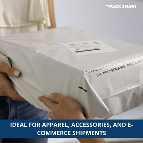 Hands holding a White Poly Mailers 10x13 Pro-Grade Durable Waterproof Tear-Proof Shipping Envelopes With Strong Self-Sealing Adhesive