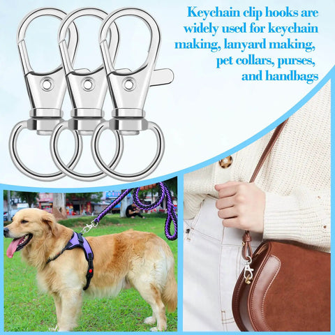 Tough As Nails Zinc Alloy Swivel Snaps Bulk 100 Count Lobster Clasp Hooks for lanyards and keyrings, featuring three silver clips.