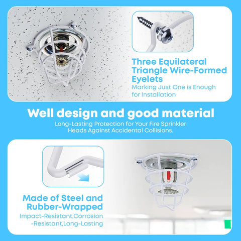 Built Tough Heavy Duty Steel Fire Sprinkler Head Protectors For Your Ceiling Flush Mount Setup With Rubber Wrapped Impact Guard Covers For One Half And Three Quarter Inch Systems, featuring triangle eyelets.