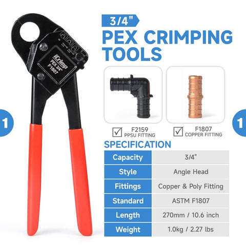 All-In-One PEX Crimp Tool Kit For One Half And Three Quarter Inch Copper Crimp Rings, Includes Cutter, Copper Ring Removal Tool