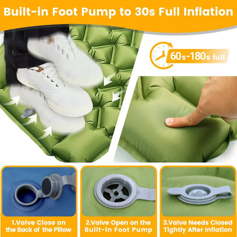 Ultralight Inflatable Camping Pad With Pillow And Built In Foot Pump, 4 Inch Thick Comfort For Side Sleepers, inflation process